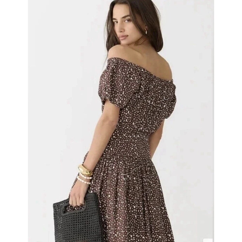 J Crew Smocked Waist Poplin Midi Dress Cotton Brown Floral Off Shoulder Sz 8
